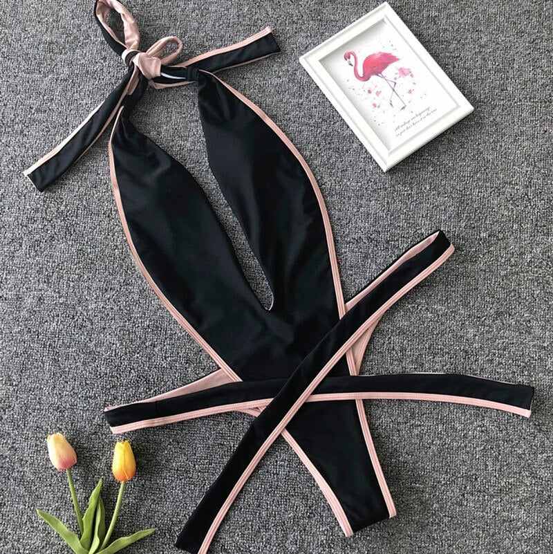 Deep-Neckline Multi-Pattern One-Piece Swimsuit