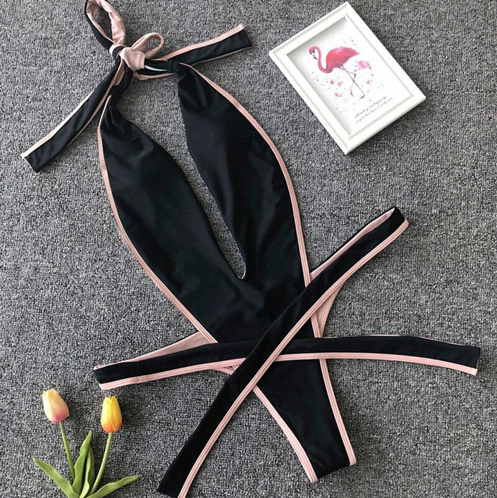 Deep-Neckline Multi-Pattern One-Piece Swimsuit