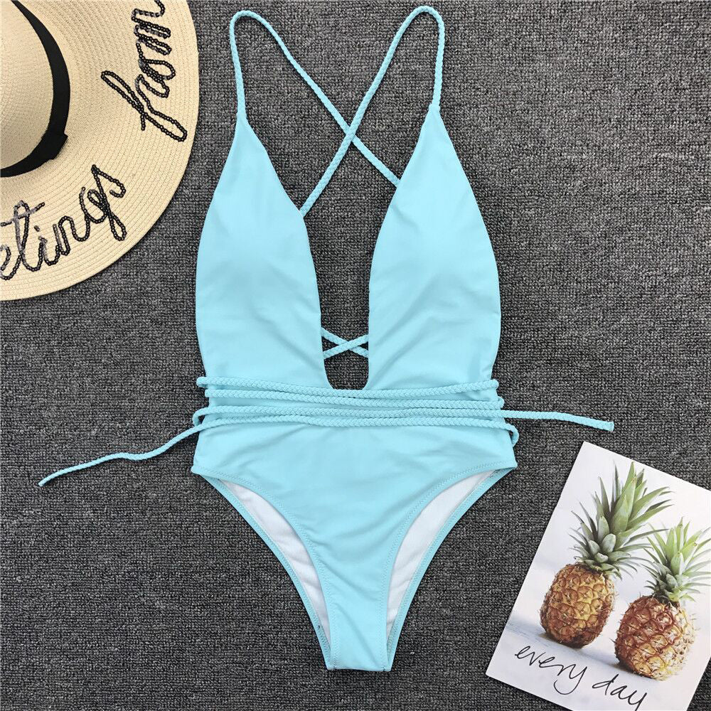 Plunge-Neck One-Piece Swimsuit Decorative Cord Detail