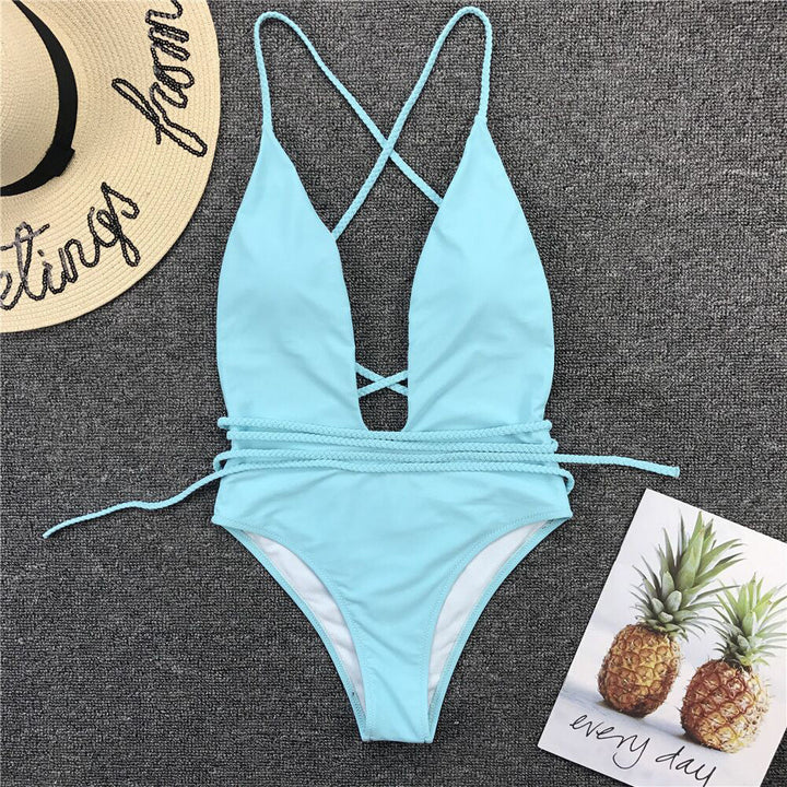 Plunge-Neck One-Piece Swimsuit Decorative Cord Detail