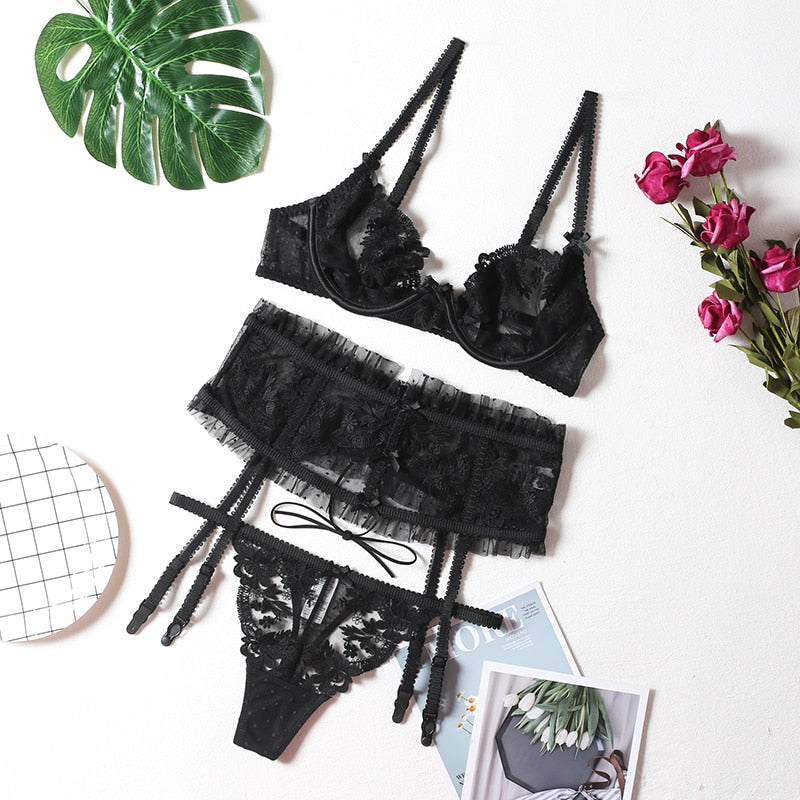Lace-Trim Figure-Enhancing Lingerie Set