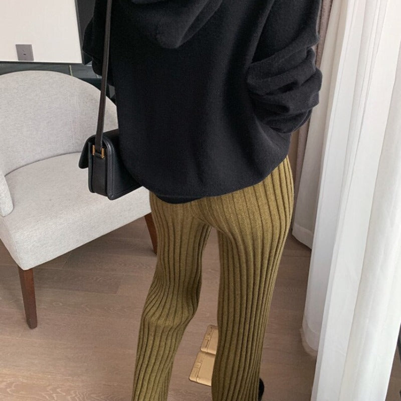 Ribbed Knit Straight-Leg Relaxed Pants