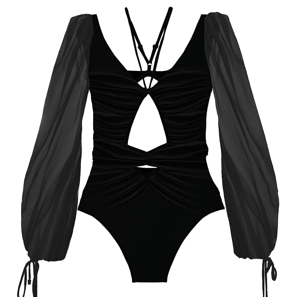 Puff-Sleeve One-Piece Swimsuit Open Waist High Waist