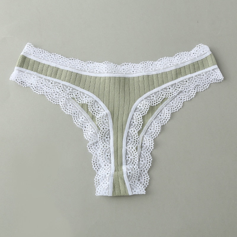 Cotton Ribbed Lace Thong Low Rise