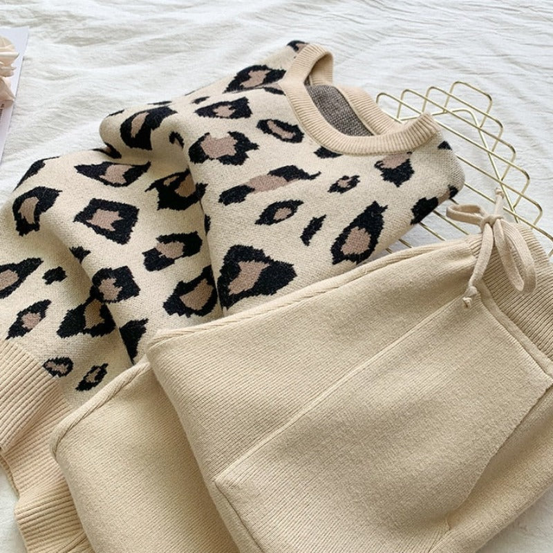 Leopard Print Warm Sweater and Pants Homewear Set