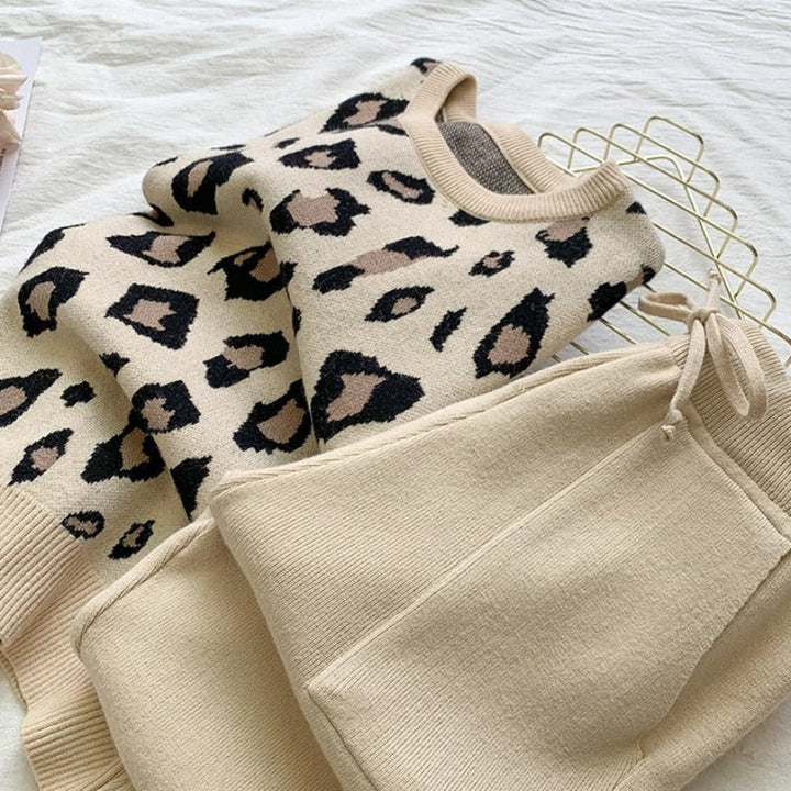 Leopard Print Warm Sweater and Pants Homewear Set
