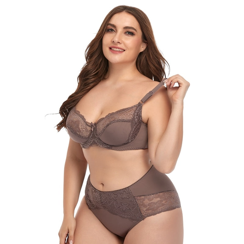 Plus Size Moulded-Cup Lace-Trim Lingerie Set