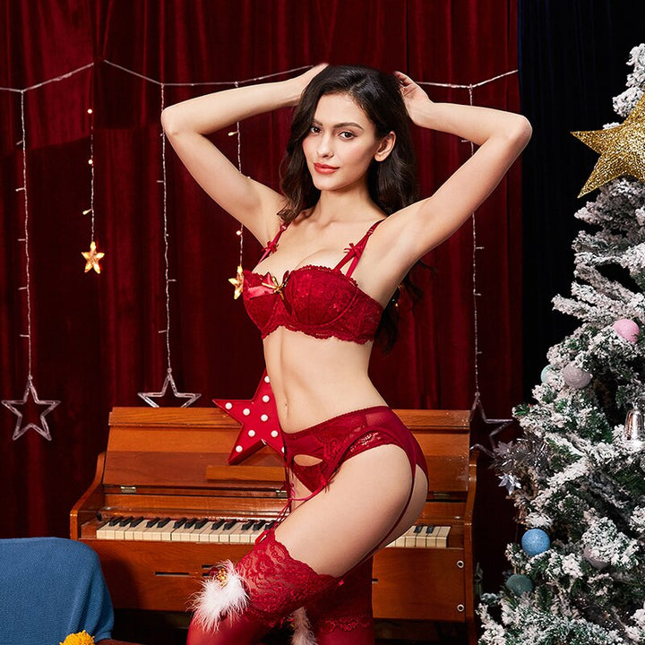 Lace Bra Panties Garter Belt and Stockings Set