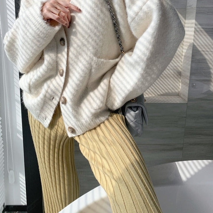 Ribbed Knit Straight-Leg Relaxed Pants