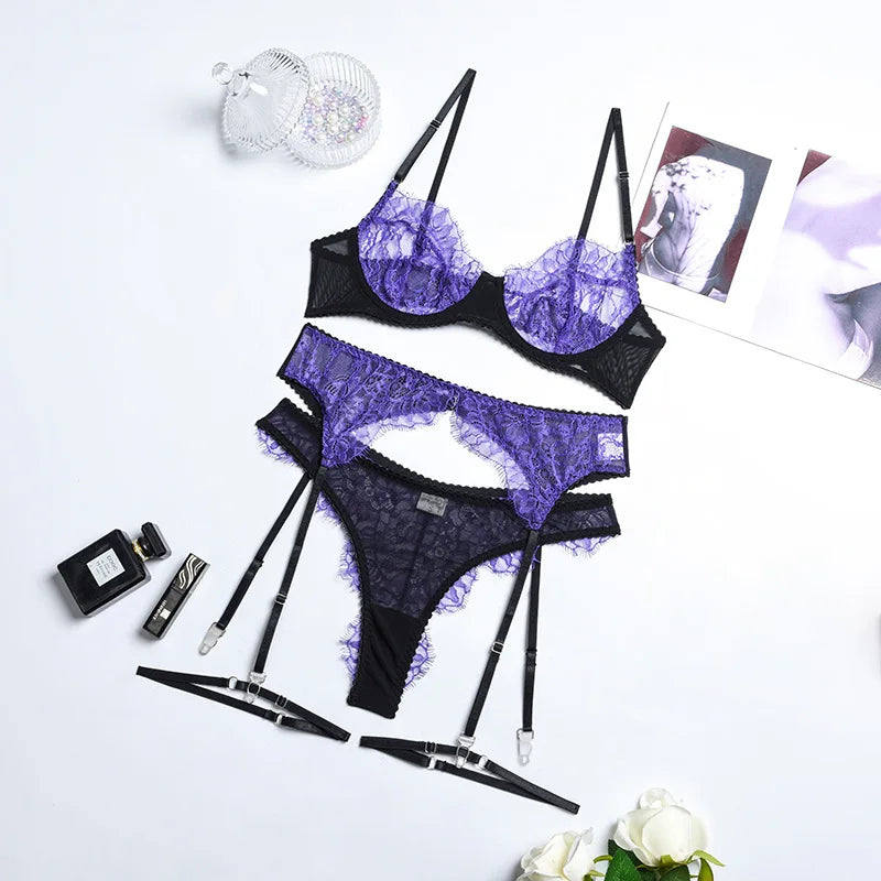 3-Piece Purple Mesh Lace Lingerie Set
