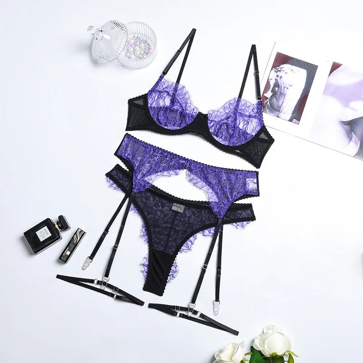 3-Piece Purple Mesh Lace Lingerie Set