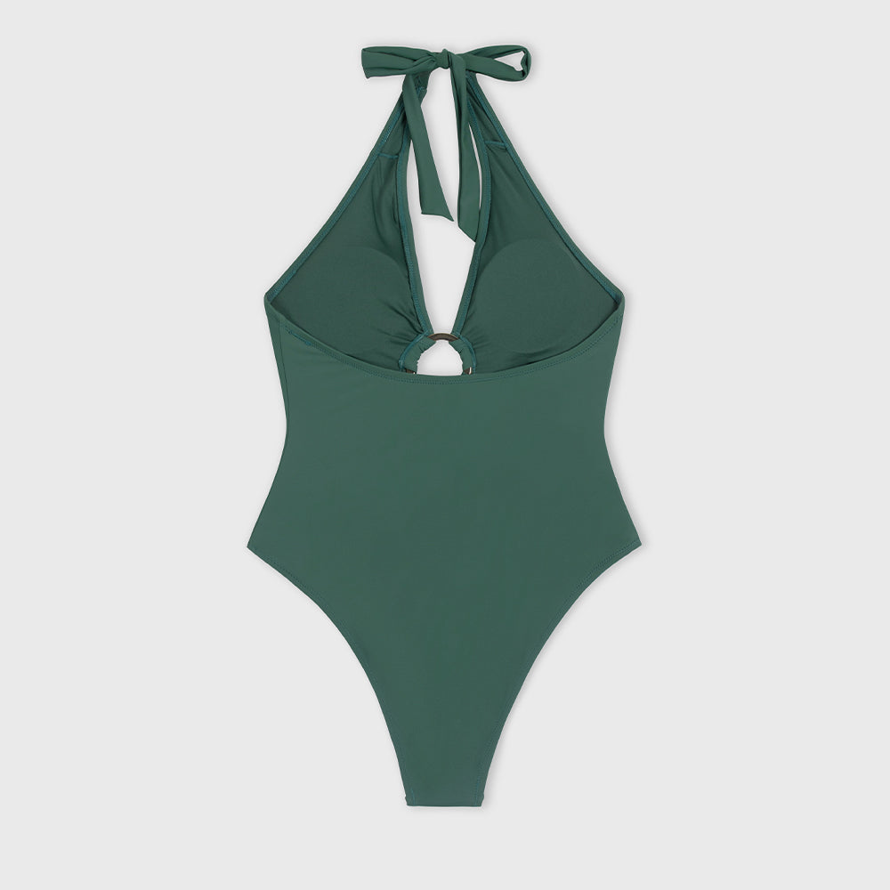 Halter-Tie Cut-Out Figure-Enhancing One-Piece Swimsuit