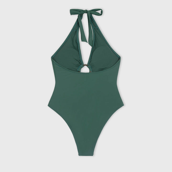 Halter-Tie Cut-Out Figure-Enhancing One-Piece Swimsuit