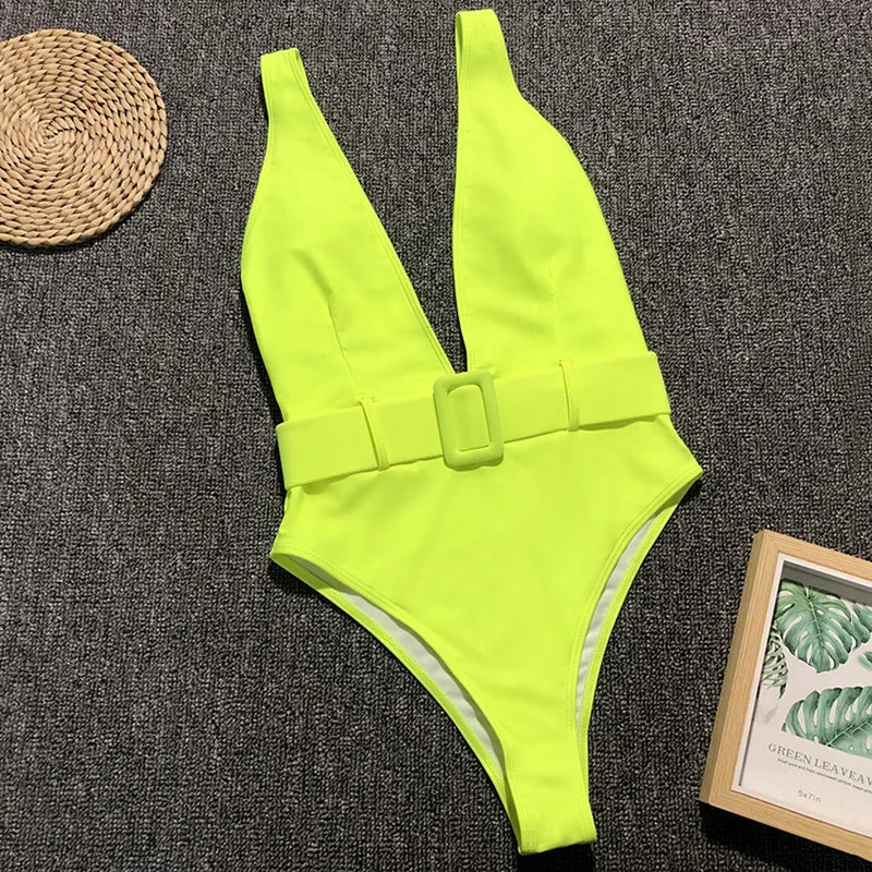 Plunge Neckline Belted One-Piece Swimsuit