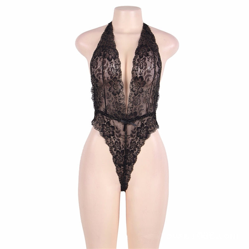 Lace Deep-Neckline Tie Bodysuit