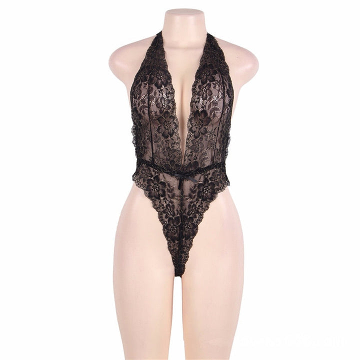Lace Deep-Neckline Tie Bodysuit