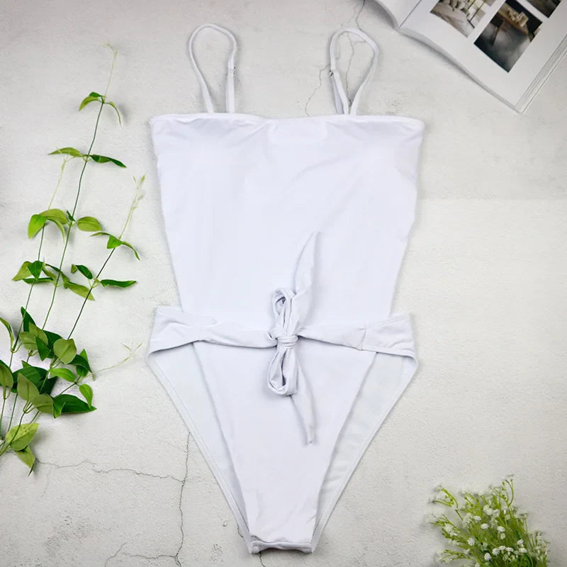 Open-Back Tie-Waist Slim-Strap One-Piece Swimsuit