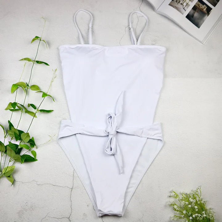 Open-Back Tie-Waist Slim-Strap One-Piece Swimsuit