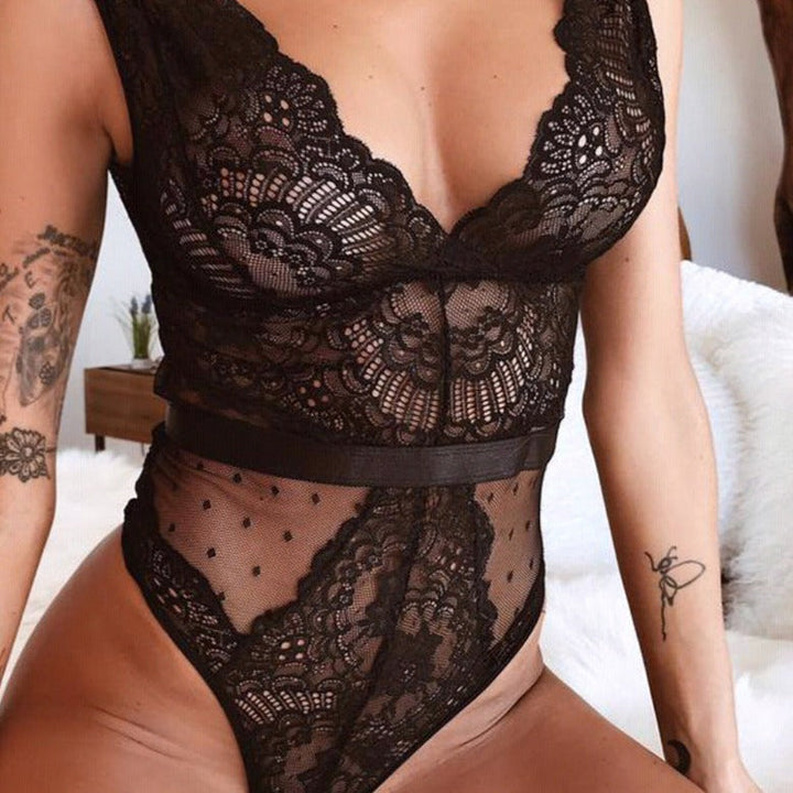 Lace Mesh Plunge Bodysuit