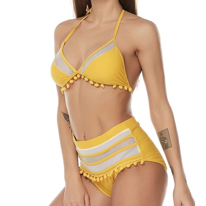 Pom-Pom Trim Figure-Enhancing Two-Piece Swimsuit
