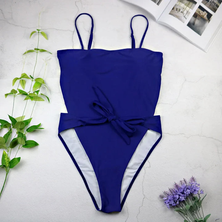 Open-Back Tie-Waist Slim-Strap One-Piece Swimsuit