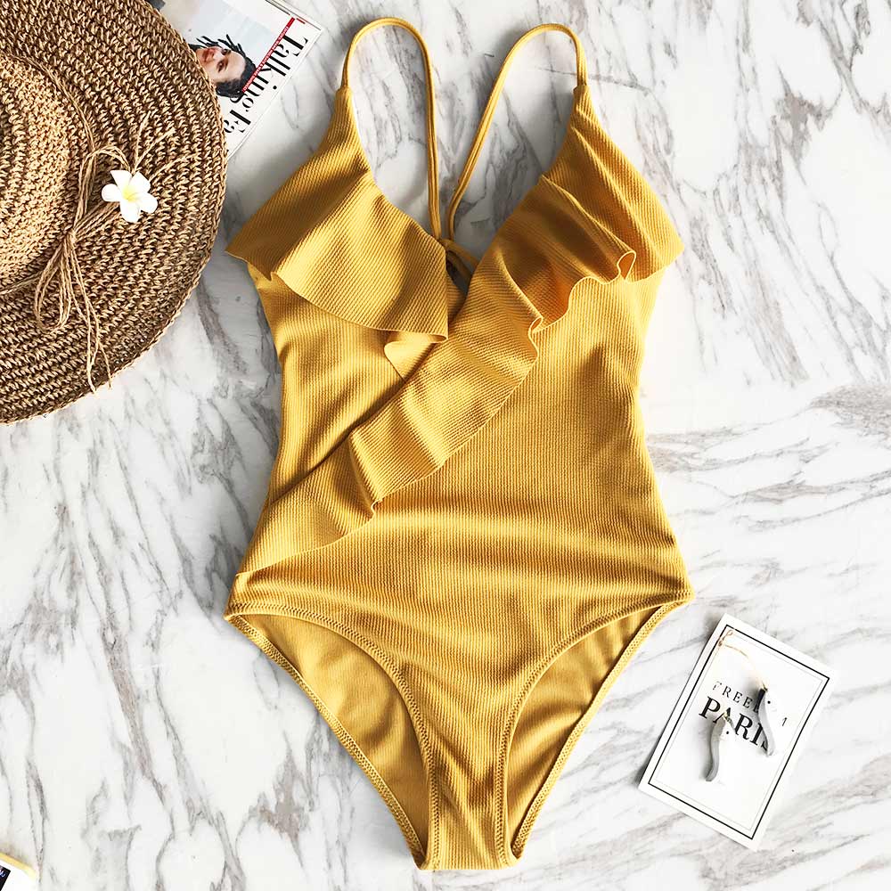 Ruffle-Strap Slim One-Piece Swimsuit Flattering