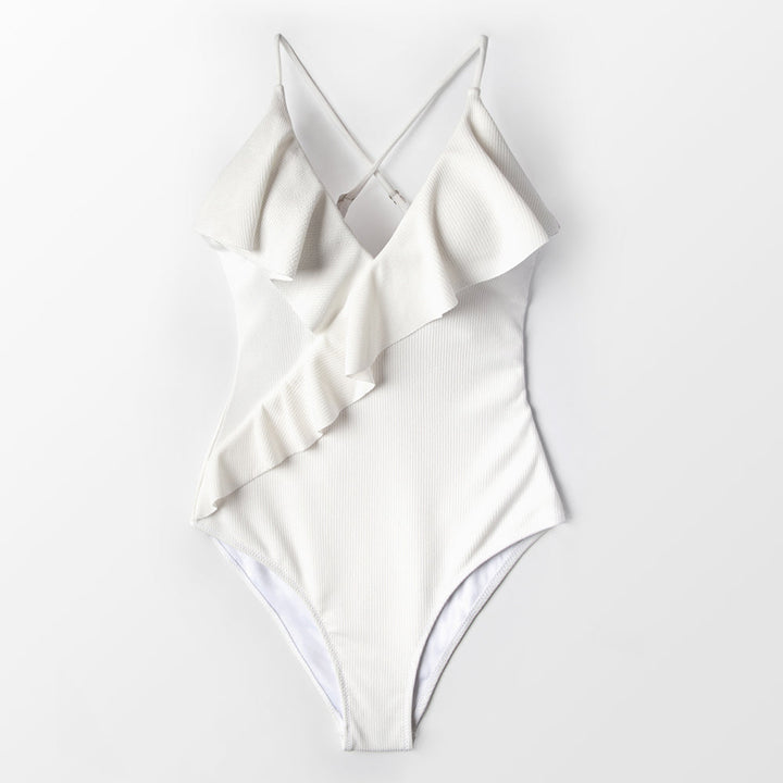 Ruffle-Strap Slim One-Piece Swimsuit Flattering