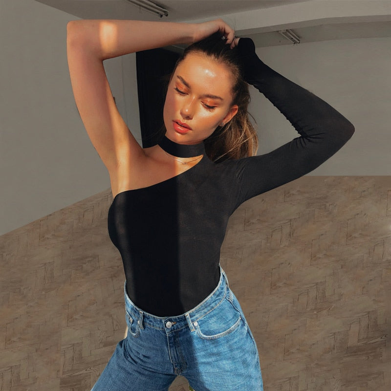 One-Sleeve Choker Figure-Enhancing Bodysuit