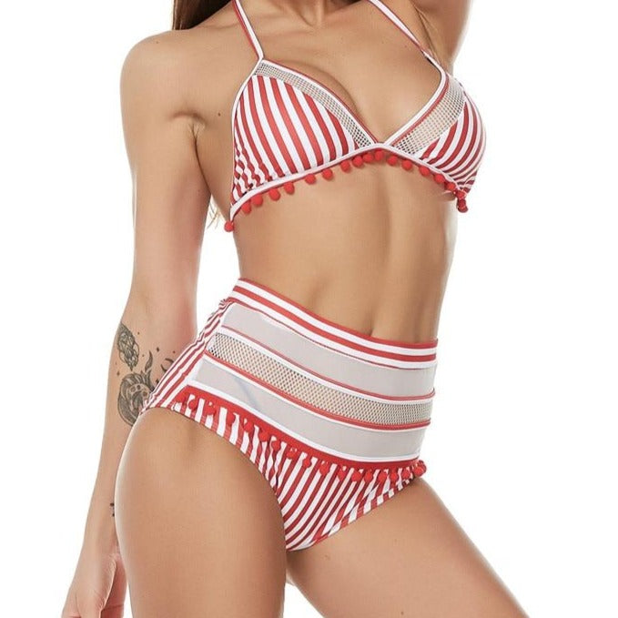 Pom-Pom Trim Figure-Enhancing Two-Piece Swimsuit