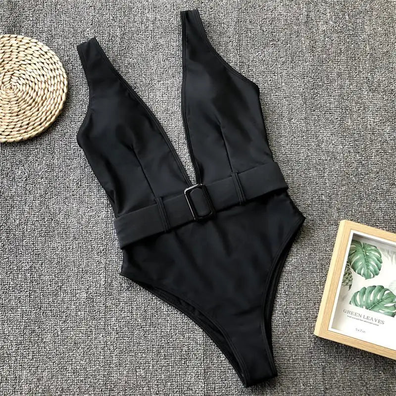 Plunge Neckline Belted One-Piece Swimsuit