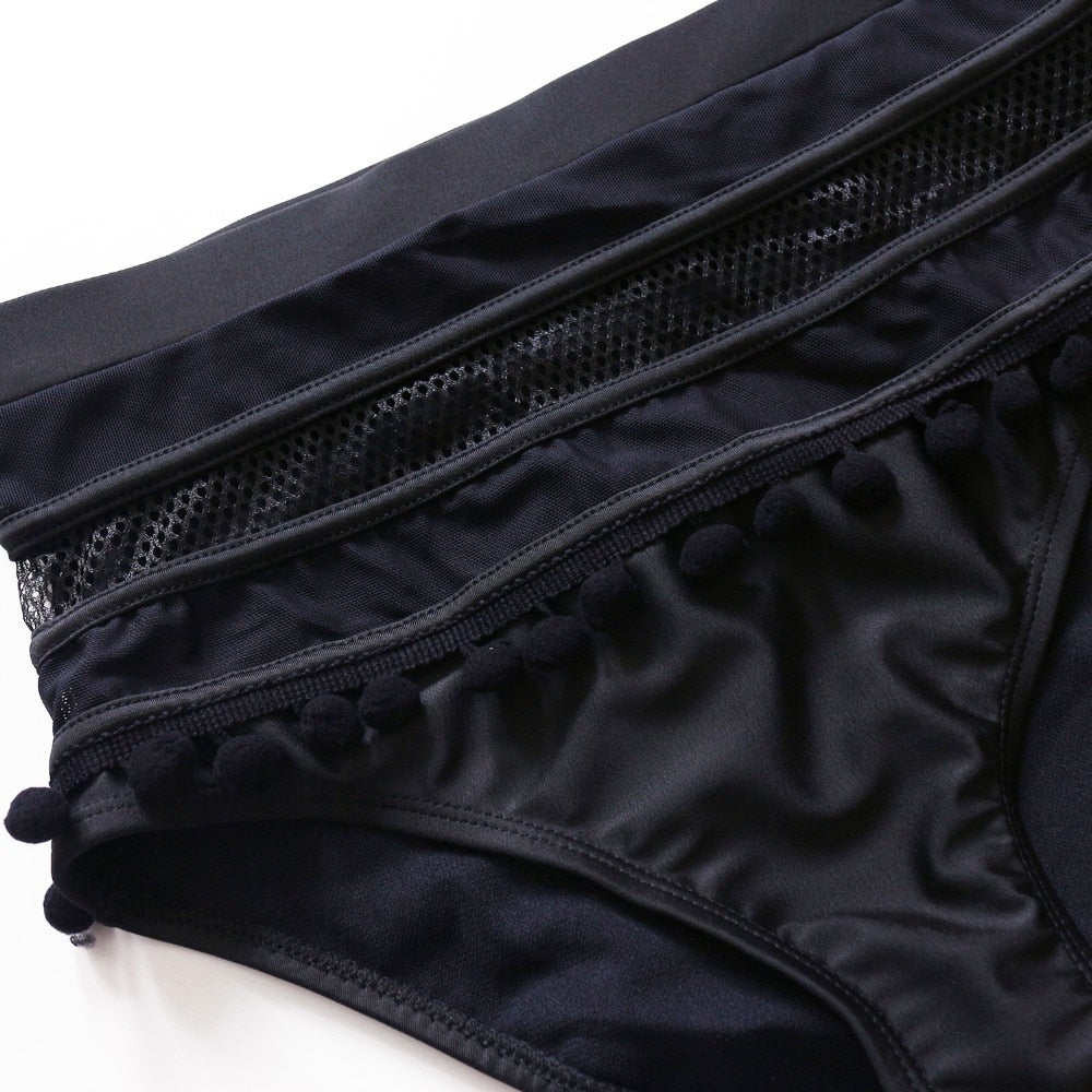 Pom-Pom Trim Figure-Enhancing Two-Piece Swimsuit