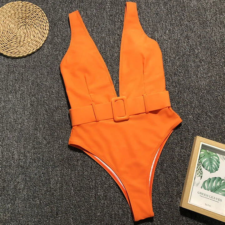Plunge Neckline Belted One-Piece Swimsuit