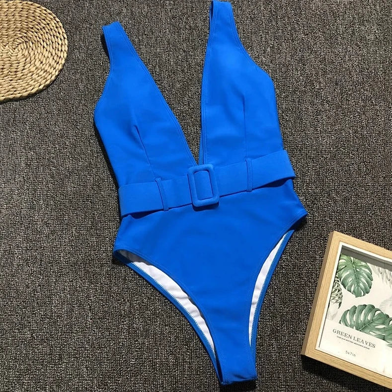 Plunge Neckline Belted One-Piece Swimsuit