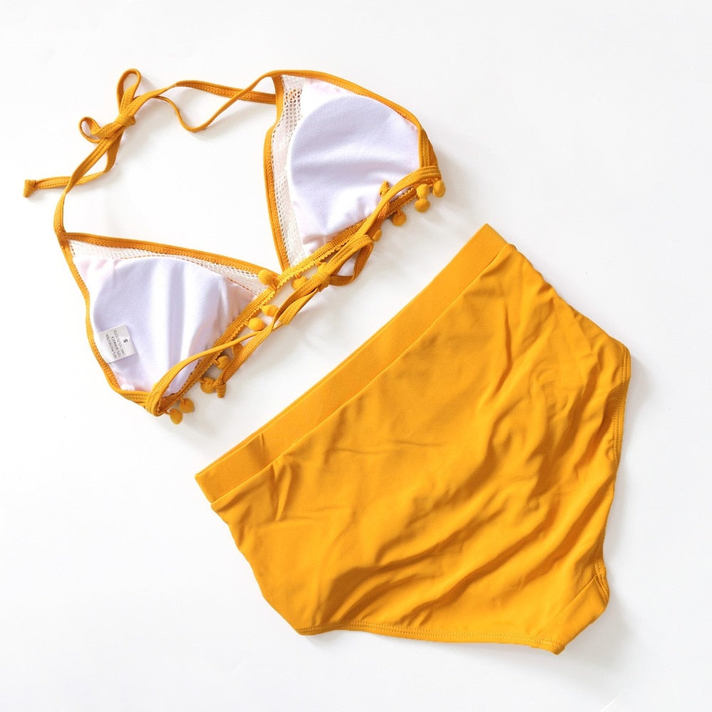 Pom-Pom Trim Figure-Enhancing Two-Piece Swimsuit
