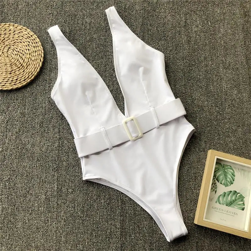 Plunge Neckline Belted One-Piece Swimsuit