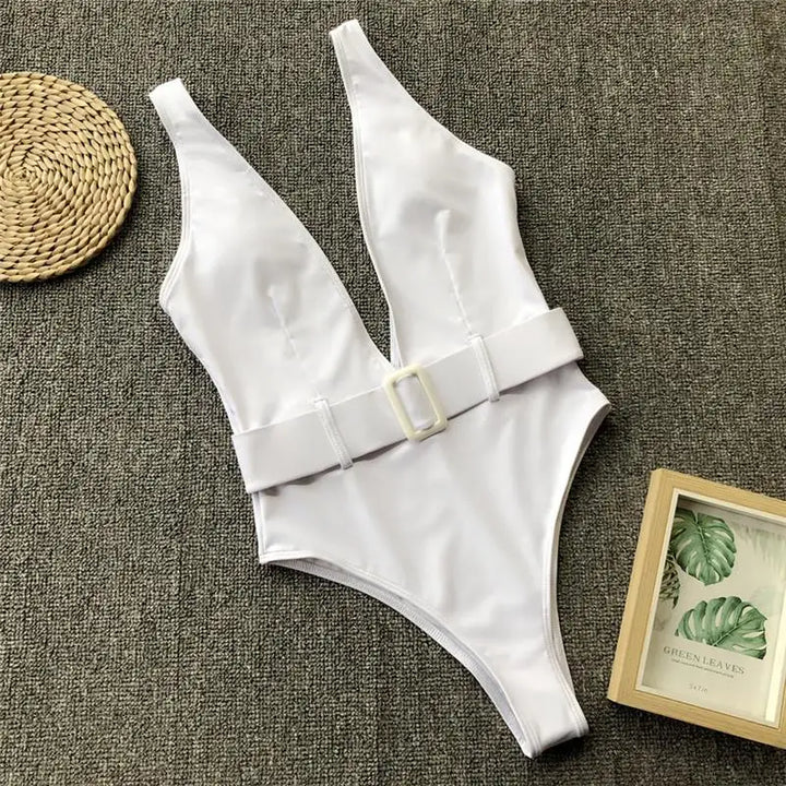 Plunge Neckline Belted One-Piece Swimsuit