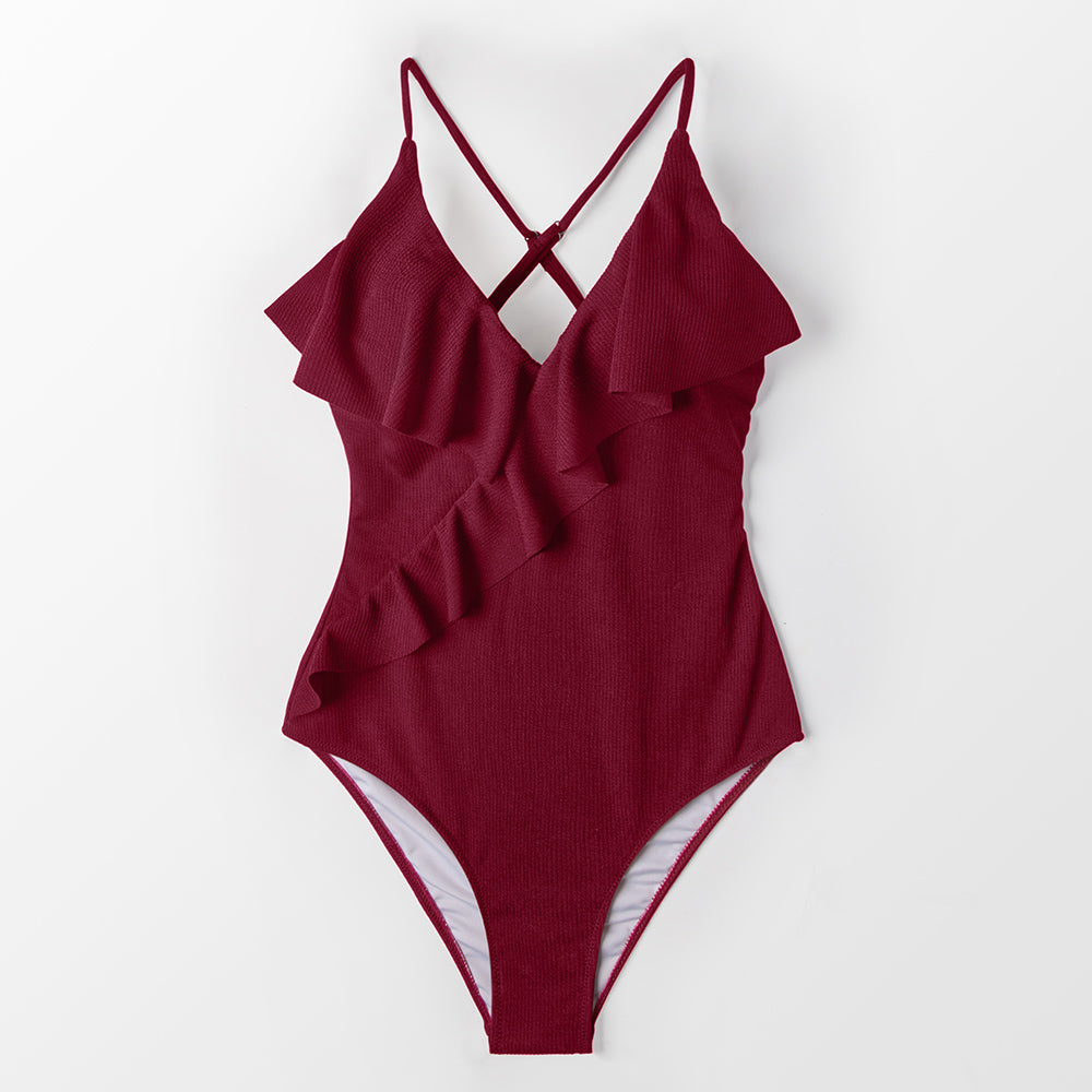 Ruffle-Strap Slim One-Piece Swimsuit Flattering