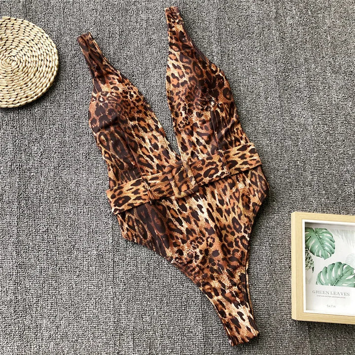 Plunge Neckline Belted One-Piece Swimsuit