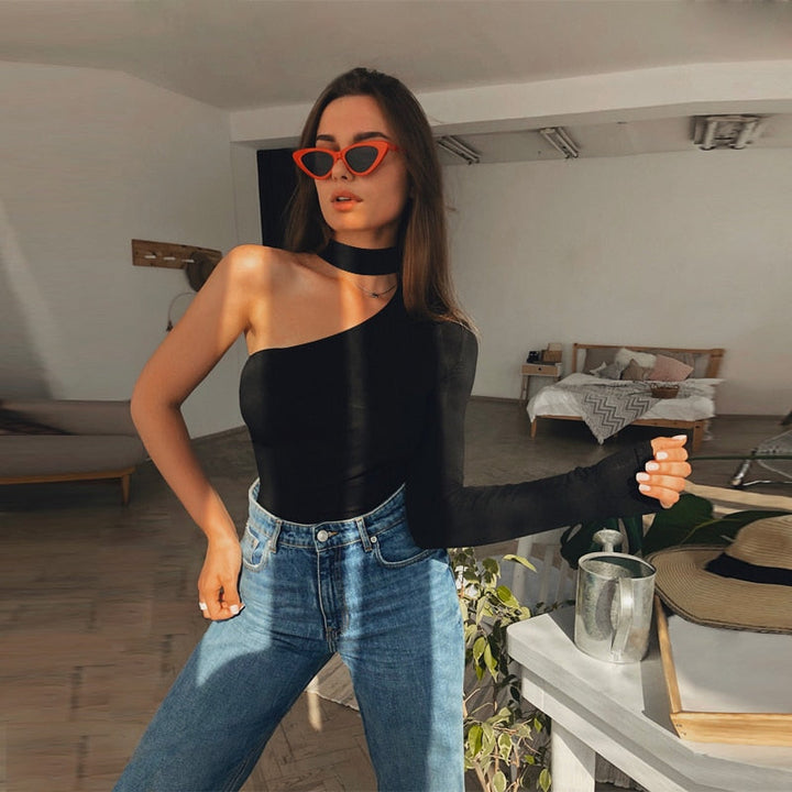 One-Sleeve Choker Figure-Enhancing Bodysuit