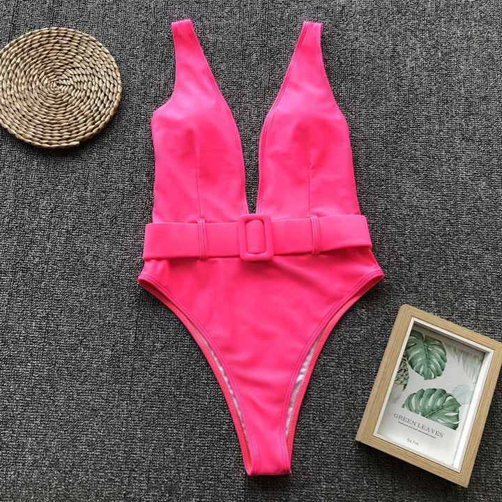 Plunge Neckline Belted One-Piece Swimsuit