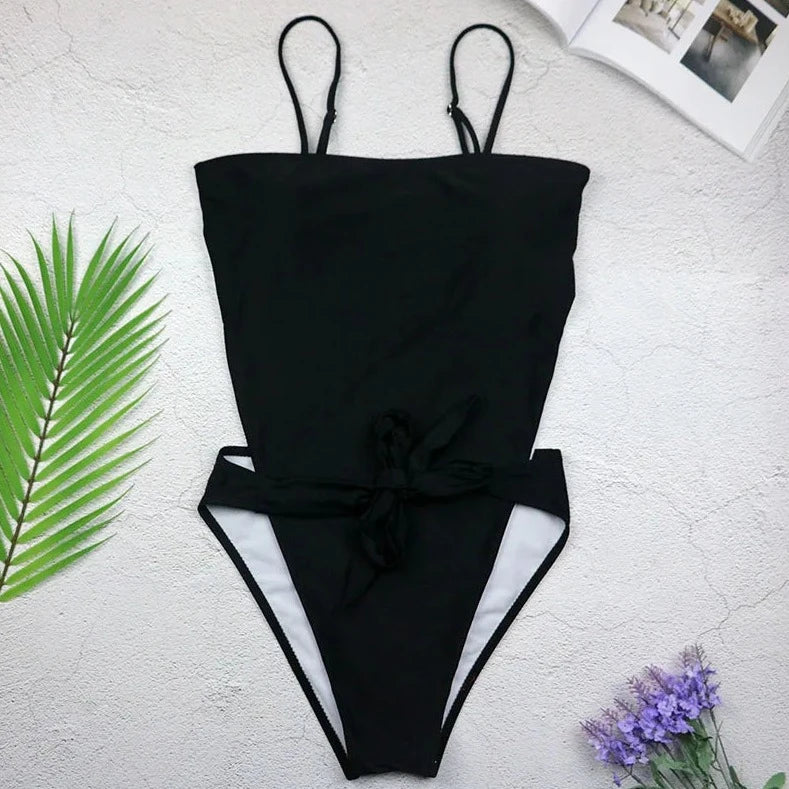 Open-Back Tie-Waist Slim-Strap One-Piece Swimsuit