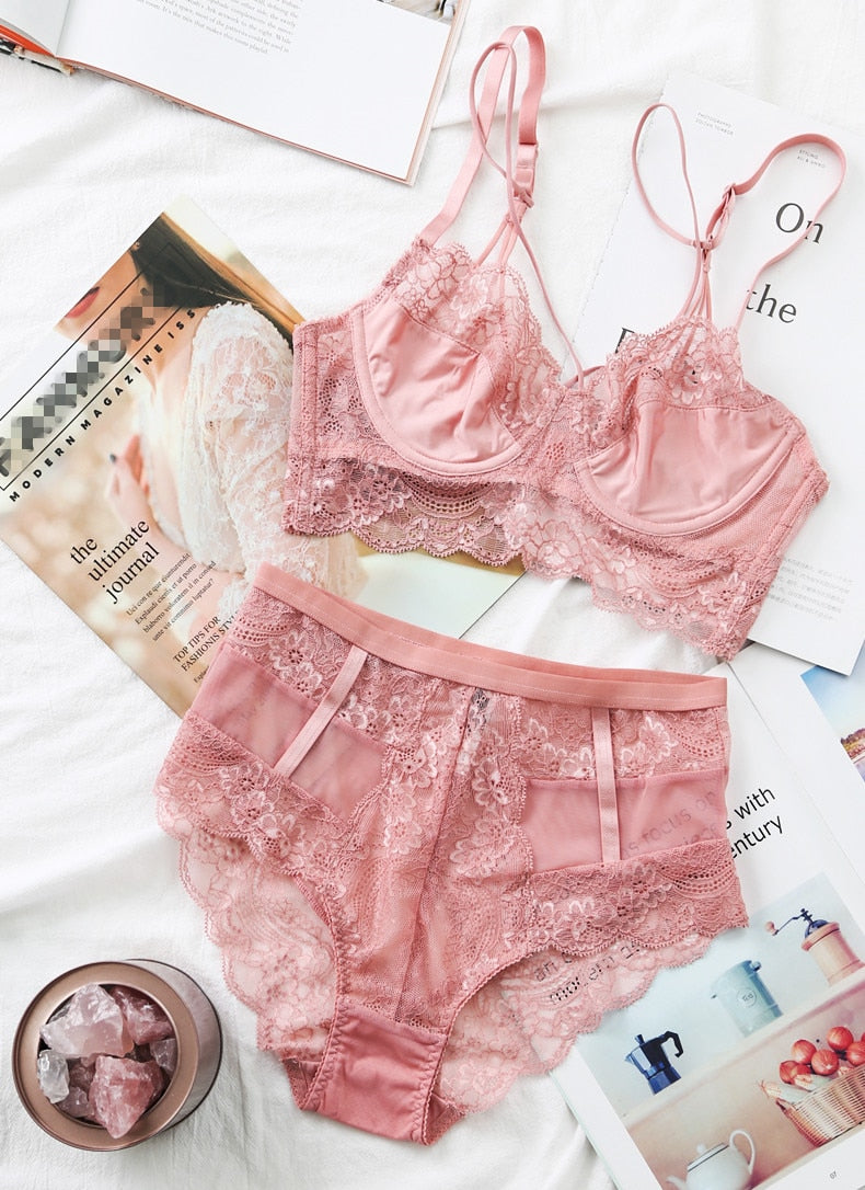 High-Waist Lace Bra and Panties Lingerie Set