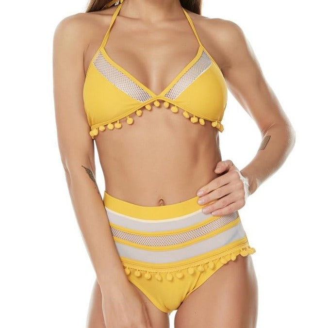 Pom-Pom Trim Figure-Enhancing Two-Piece Swimsuit