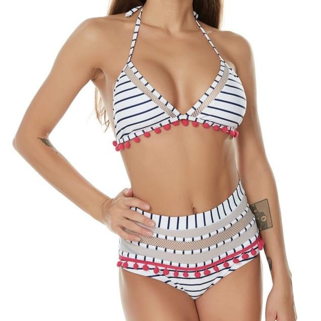 Pom-Pom Trim Figure-Enhancing Two-Piece Swimsuit
