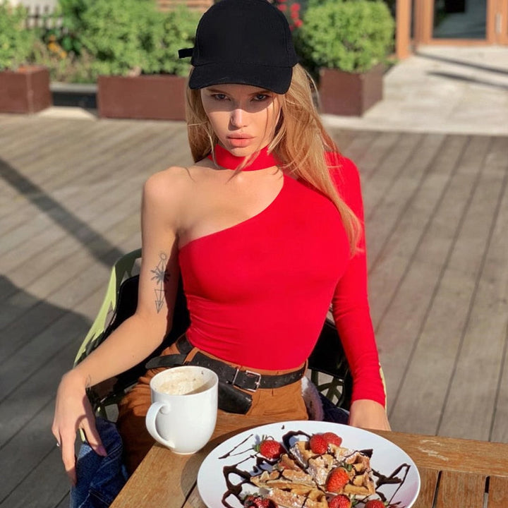 One-Sleeve Choker Figure-Enhancing Bodysuit