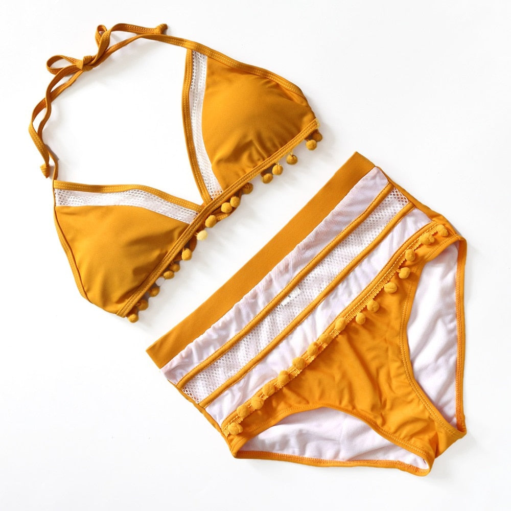 Pom-Pom Trim Figure-Enhancing Two-Piece Swimsuit