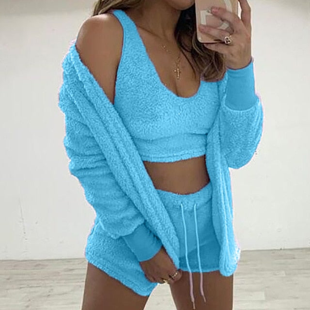 3-Piece Sweatshirt Top and Shorts Knit Set