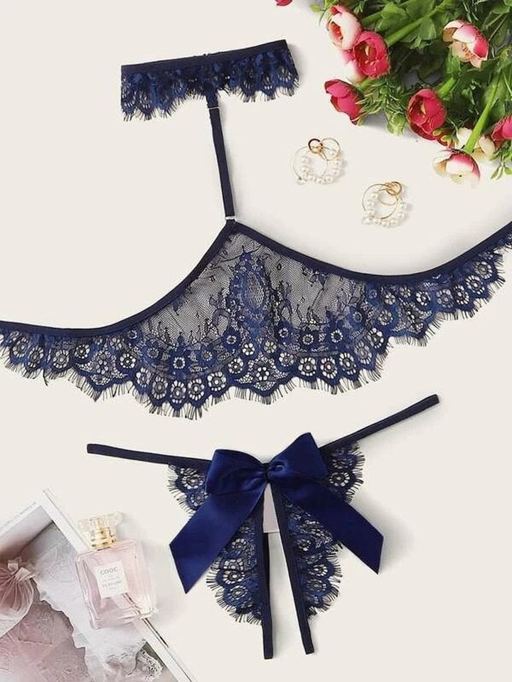 Lace Bra with Choker and Open-Crotch Panties Set