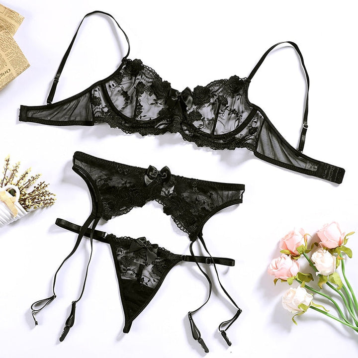 Lace Bow-Detail Bra Garter Panties Set