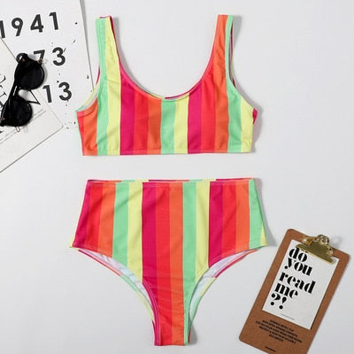 High-Waist Two-Piece Swimsuit Vertical Straps